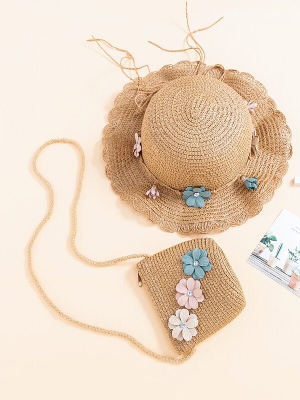2 Pcs Toddler Girls Flower Tassel Scallop edge Straw Hat with matching Bag. Spring Summer Hat for Girls. Gift for Little Girls