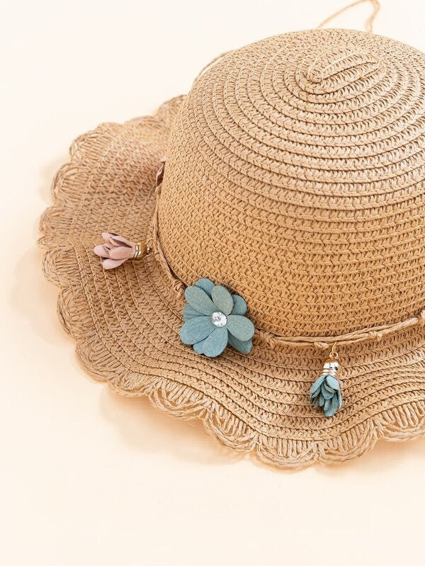 2 Pcs Toddler Girls Flower Tassel Scallop edge Straw Hat with matching Bag. Spring Summer Hat for Girls. Gift for Little Girls