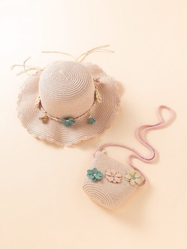 2 Pcs Toddler Girls Flower Tassel Scallop edge Straw Hat with matching Bag. Spring Summer Hat for Girls. Gift for Little Girls