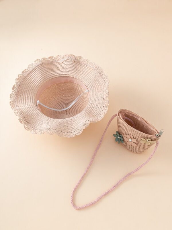 2 Pcs Toddler Girls Flower Tassel Scallop edge Straw Hat with matching Bag. Spring Summer Hat for Girls. Gift for Little Girls