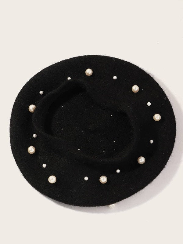 Girls Kids Toddler Black Felt French Beret with Faux Pearls Hat for Fall Winter Gifts for Girls Chic Fashionable Paris