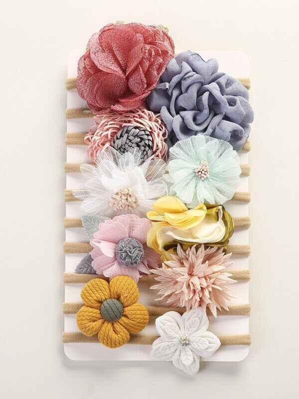 10 Piece Set Baby Girl Comfy Nylon Elastic Big Flower Crown Floral Headband